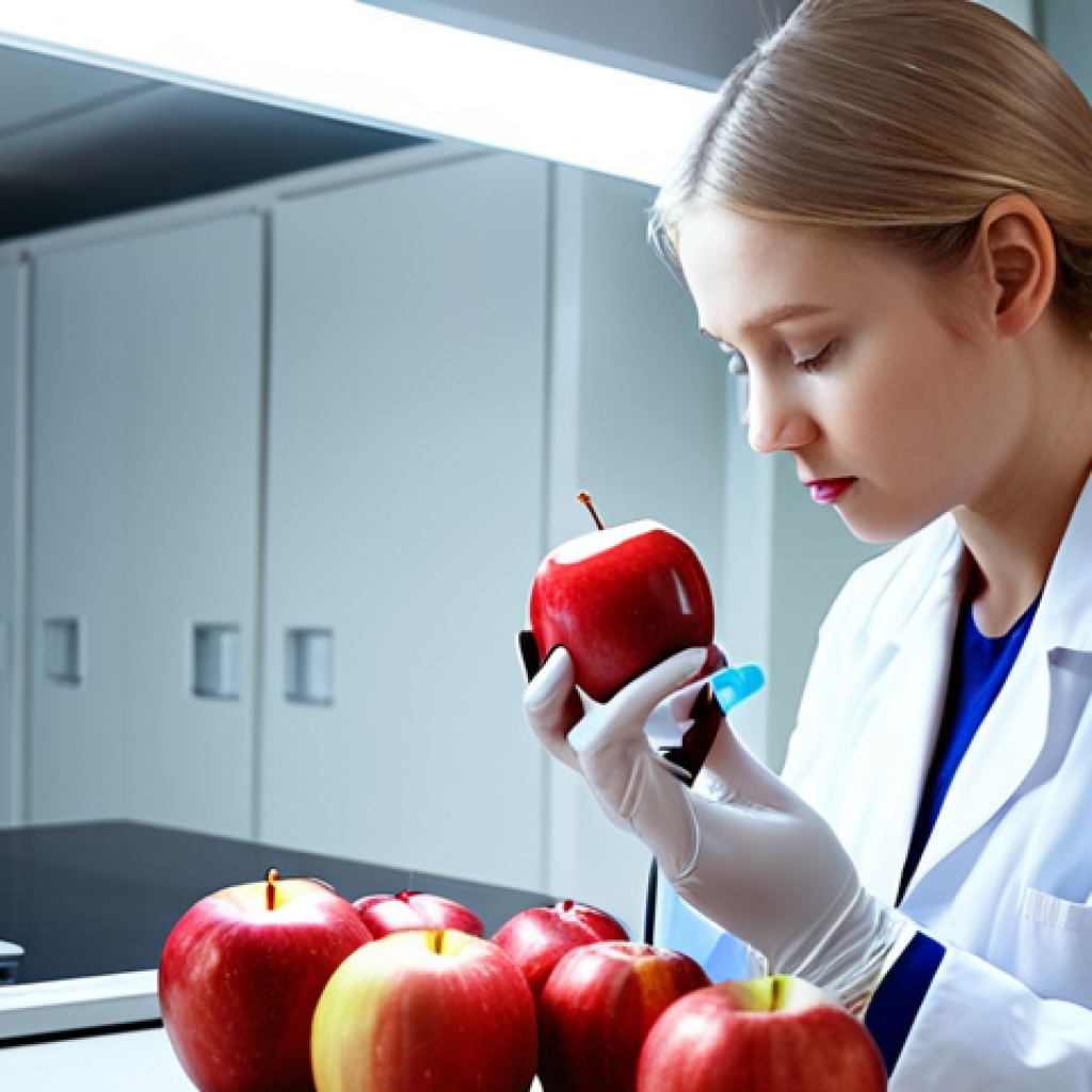 **
Prompt: *A young woman in a white lab coat carefully examining a vibrant red apple under a bright light in a modern food quality control laboratory. She's using a digital refractometer. Focus on the details of the apple and the advanced equipment. Soft, diffused lighting. Modern Russian lab interior.*
**