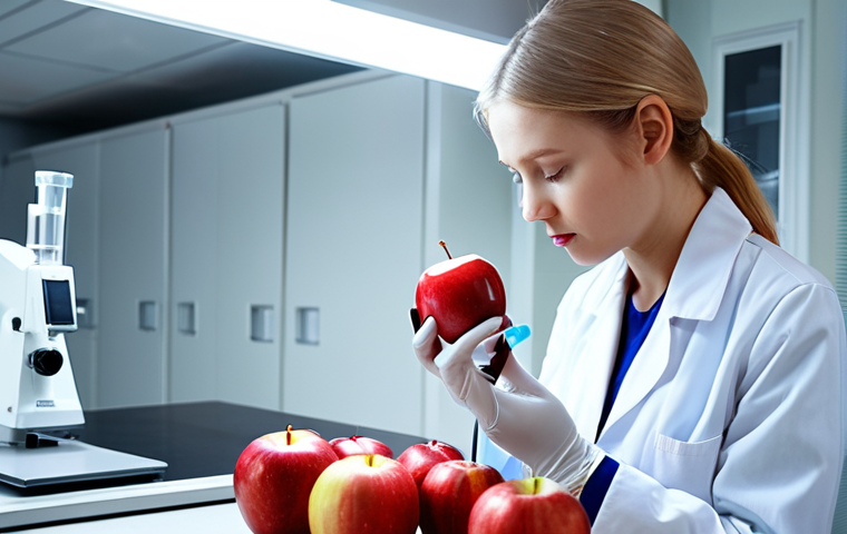 **
Prompt: *A young woman in a white lab coat carefully examining a vibrant red apple under a bright light in a modern food quality control laboratory. She's using a digital refractometer. Focus on the details of the apple and the advanced equipment. Soft, diffused lighting. Modern Russian lab interior.*
**