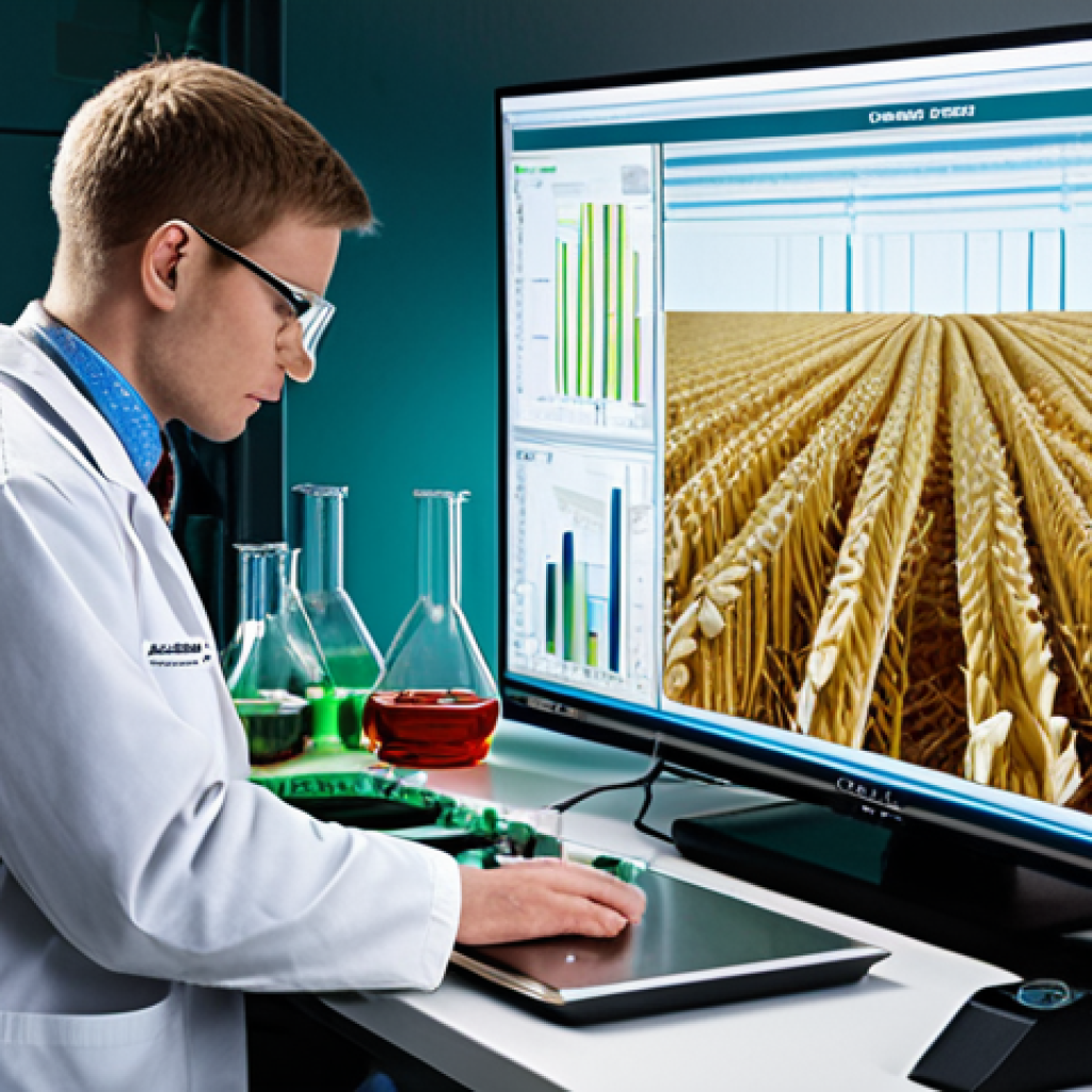 A highly detailed, realistic photograph of a dedicated young agricultural quality control specialist (male or female) in a state-of-the-art hybrid laboratory. One side of the image features traditional lab equipment like beakers, test tubes, and a microscope examining samples of grain or produce. The other side seamlessly integrates cutting-edge technology: a large screen displaying complex data analytics, AI algorithms identifying plant diseases or food contaminants, and subtle holographic projections of drone-monitored fields. The specialist, wearing a clean lab coat, exhibits a focused and professional demeanor. The lighting is bright and sterile, emphasizing scientific precision and forward-thinking innovation in agricultural science.