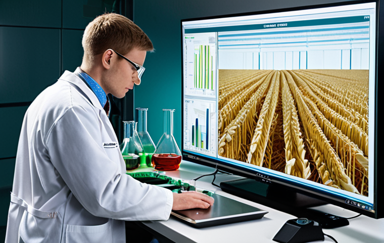 A highly detailed, realistic photograph of a dedicated young agricultural quality control specialist (male or female) in a state-of-the-art hybrid laboratory. One side of the image features traditional lab equipment like beakers, test tubes, and a microscope examining samples of grain or produce. The other side seamlessly integrates cutting-edge technology: a large screen displaying complex data analytics, AI algorithms identifying plant diseases or food contaminants, and subtle holographic projections of drone-monitored fields. The specialist, wearing a clean lab coat, exhibits a focused and professional demeanor. The lighting is bright and sterile, emphasizing scientific precision and forward-thinking innovation in agricultural science.