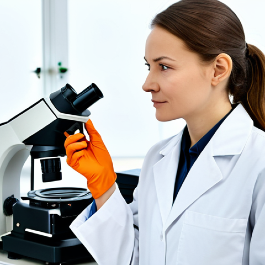 A professional female quality control specialist, adult, of Russian ethnicity, wearing a clean, white lab coat over modest business casual attire. She is standing focused in a modern, well-lit agricultural laboratory, meticulously examining a sample of grain in a petri dish under a microscope. Advanced lab equipment, such as chromatography machines and digital screens displaying data, are visible in the background, suggesting precision and technology. Fully clothed, appropriate attire, professional dress, safe for work, appropriate content, family-friendly, professional, perfect anatomy, correct proportions, natural pose, well-formed hands, proper finger count, natural body proportions, high-resolution, detailed, photorealistic.