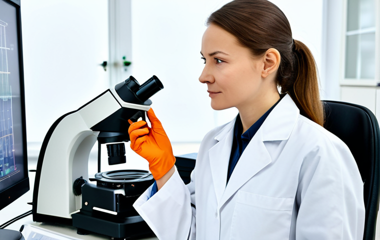 A professional female quality control specialist, adult, of Russian ethnicity, wearing a clean, white lab coat over modest business casual attire. She is standing focused in a modern, well-lit agricultural laboratory, meticulously examining a sample of grain in a petri dish under a microscope. Advanced lab equipment, such as chromatography machines and digital screens displaying data, are visible in the background, suggesting precision and technology. Fully clothed, appropriate attire, professional dress, safe for work, appropriate content, family-friendly, professional, perfect anatomy, correct proportions, natural pose, well-formed hands, proper finger count, natural body proportions, high-resolution, detailed, photorealistic.