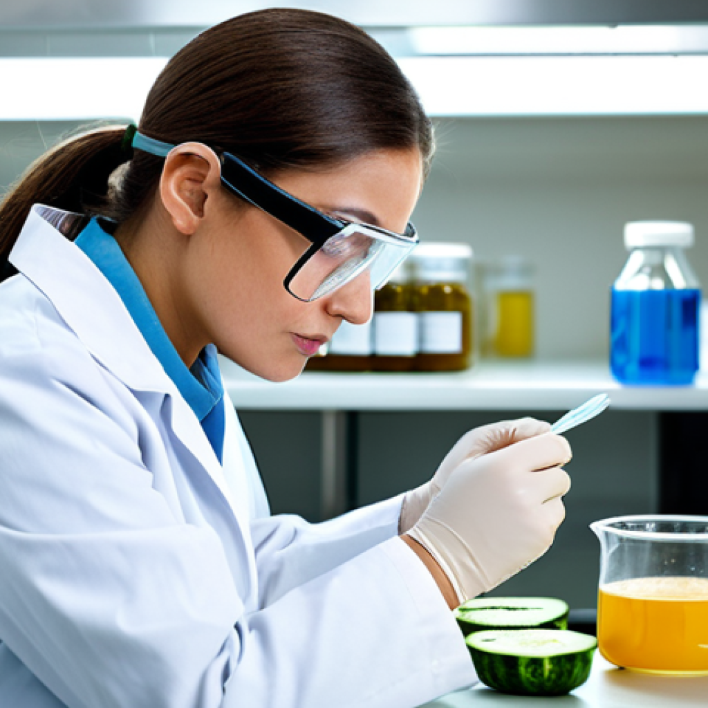 **
A meticulous food safety inspector in a clean, modern laboratory setting, fully clothed in a lab coat and safety goggles, analyzing a sample of locally sourced produce. Focus on the scientific equipment and the inspector's concentrated expression. Professional lighting, high resolution, safe for work, appropriate content, family-friendly, perfect anatomy, correct proportions, natural pose, well-formed hands, proper finger count, natural body proportions.
**