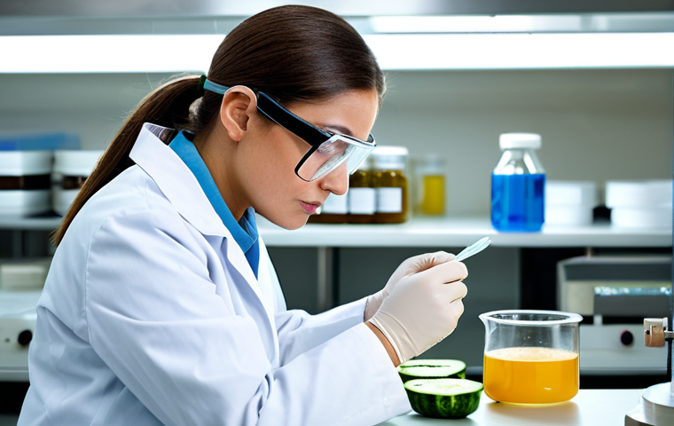 **
A meticulous food safety inspector in a clean, modern laboratory setting, fully clothed in a lab coat and safety goggles, analyzing a sample of locally sourced produce. Focus on the scientific equipment and the inspector's concentrated expression. Professional lighting, high resolution, safe for work, appropriate content, family-friendly, perfect anatomy, correct proportions, natural pose, well-formed hands, proper finger count, natural body proportions.
**