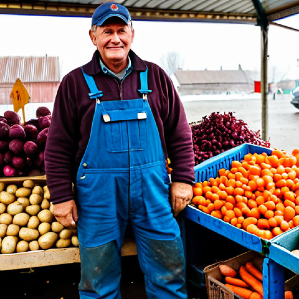 Farmer at a Local Market**
"A friendly, middle-aged farmer, fully clothed in practical work clothes (overalls, boots, and a cap), stands proudly behind a stall overflowing with freshly harvested vegetables (potatoes, carrots, beets, cabbage) at a bustling Russian farmers' market. The background shows other vendors and customers. Safe for work, appropriate content, professional quality, perfect anatomy, natural lighting, modest clothing."
**