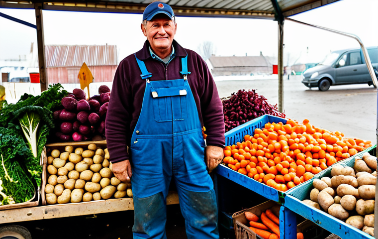 Farmer at a Local Market**
"A friendly, middle-aged farmer, fully clothed in practical work clothes (overalls, boots, and a cap), stands proudly behind a stall overflowing with freshly harvested vegetables (potatoes, carrots, beets, cabbage) at a bustling Russian farmers' market. The background shows other vendors and customers. Safe for work, appropriate content, professional quality, perfect anatomy, natural lighting, modest clothing."
**